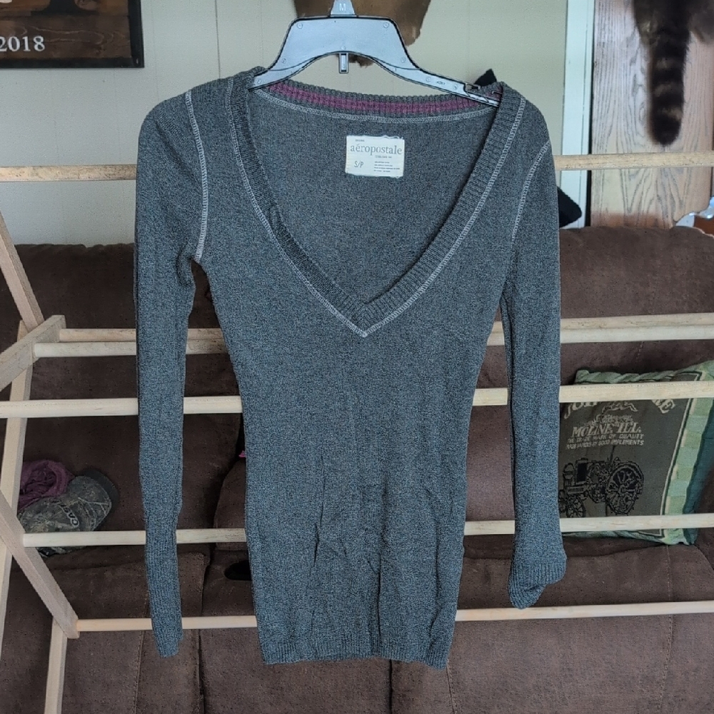 Aeropostale Gray Fitted Long Sleeve Blouse